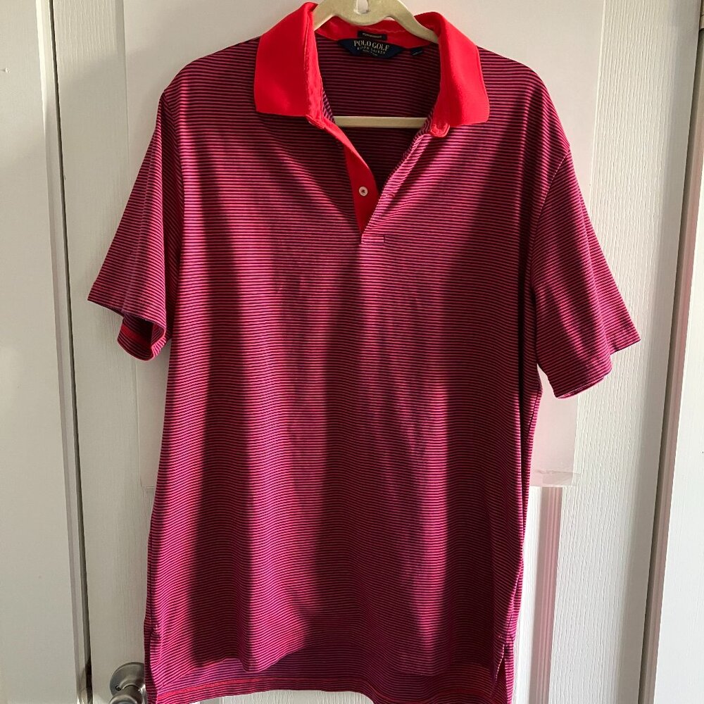 Polo Ralph Lauren Shirt Mens Large Blue Stripped Polo Golf Performance Stretch.